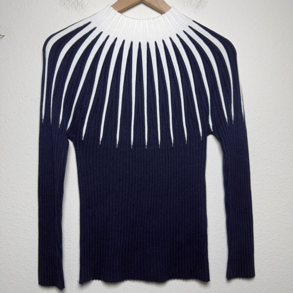 Venus Women Arsty Sweater Large Blue White Sunburst Ribbed Mock Neck Long Sleeve